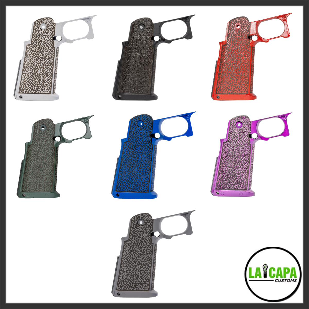 CY Capa Customs Sea Sponge Pattern stippled Hi-Capa grip shown in seven anodized colors: silver, black, red, green, blue, purple, and grey.