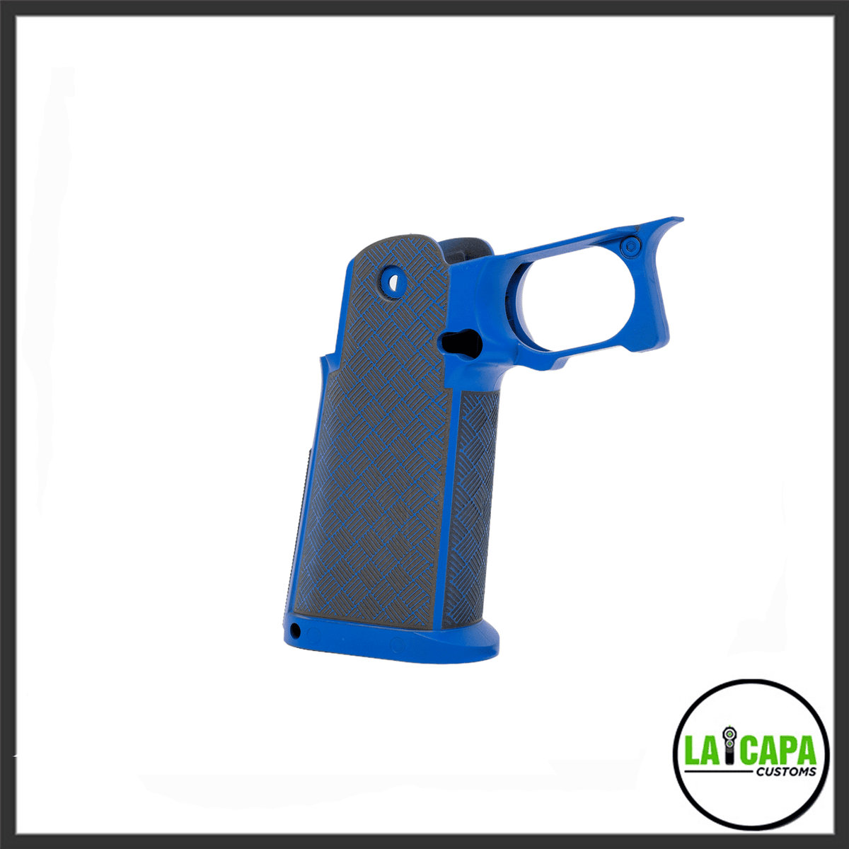 CY Capa Customs Hi-Capa stippled grip in blue with a black basket-weave texture covering the grip panels, angled side view.