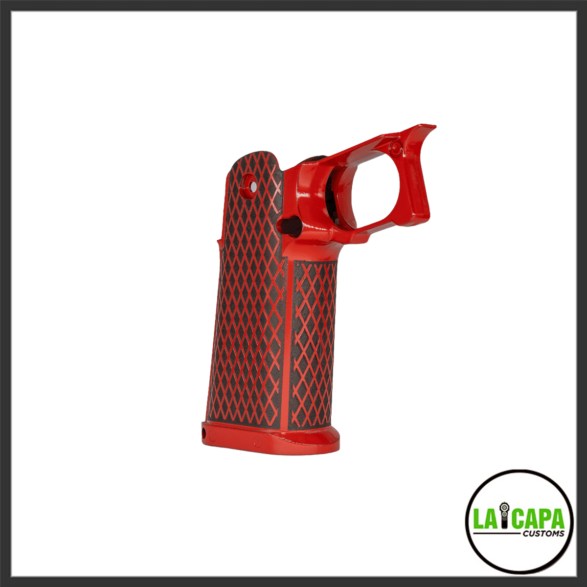 CY Capa Customs Hi-Capa stippled grip in red with a black diamond-pattern texture covering the grip panels, angled side view.