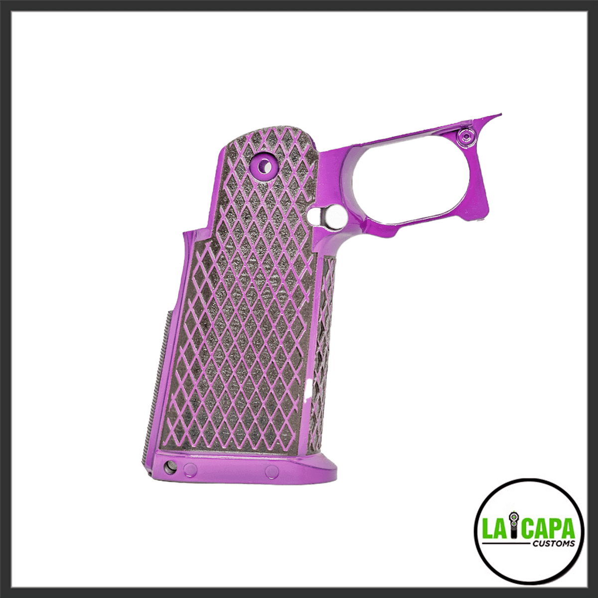 CY Capa Customs diamond-pattern stippled grip in purple anodized finish, shown from a three-quarter front angle highlighting the deep diamond checkering across the grip panel.