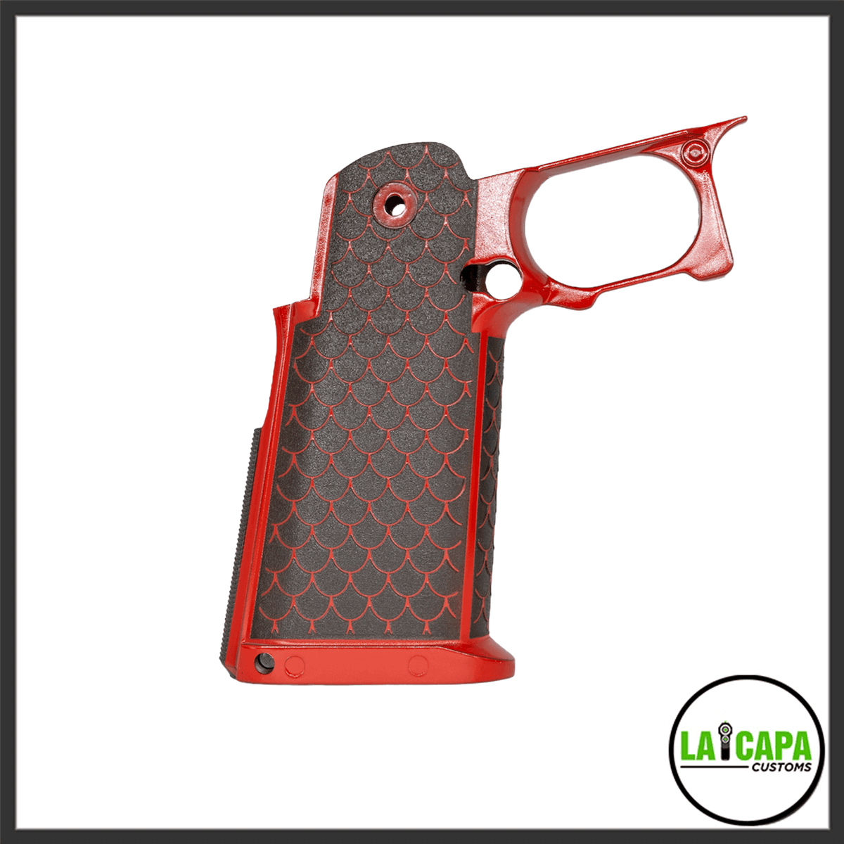 CY Capa Customs stippled grip in red, showing the dragon-scale pattern texture across the front strap and body, side view.