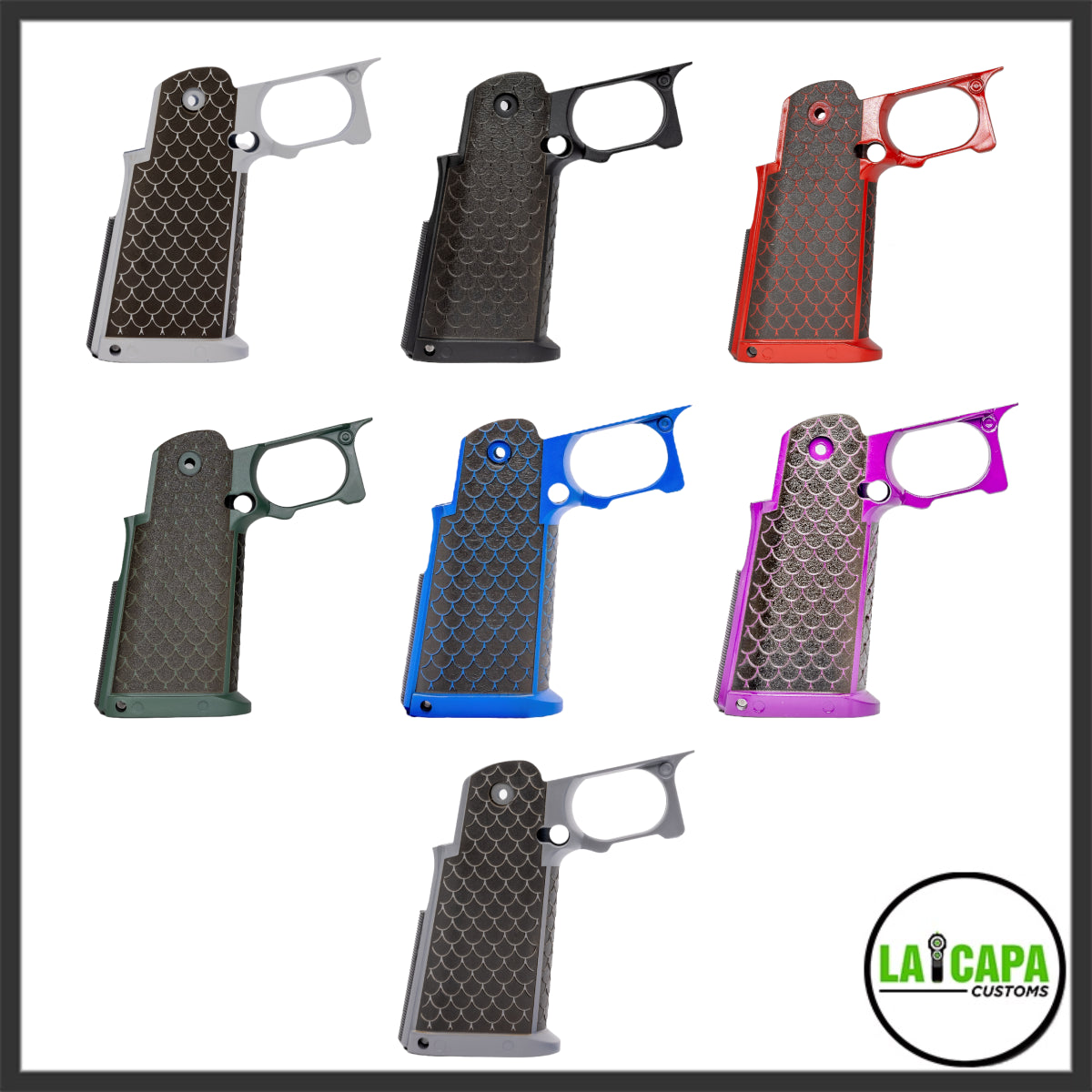 CY Capa Customs Dragon Scale stippled Hi-Capa grips shown in all seven colour variants: silver, black, red, green, blue, purple and grey.