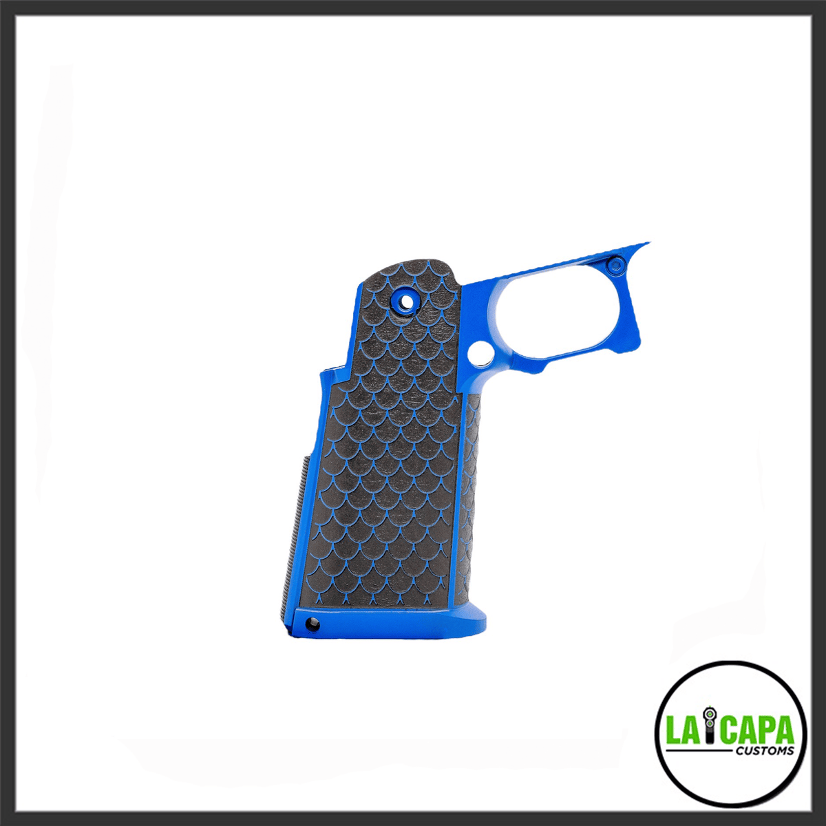 CY Capa Customs Hi-Capa grip in blue with black dragon scale stipple pattern, shown from a front-angled view.