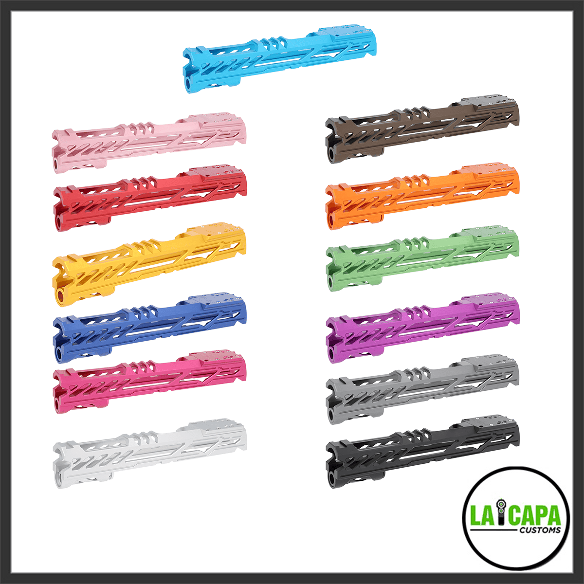 DR Black 901 Hi-Capa slides displayed in all available colours, including blue, pink, red, yellow, blue, magenta, white, brown, orange, green, purple, grey, and black.