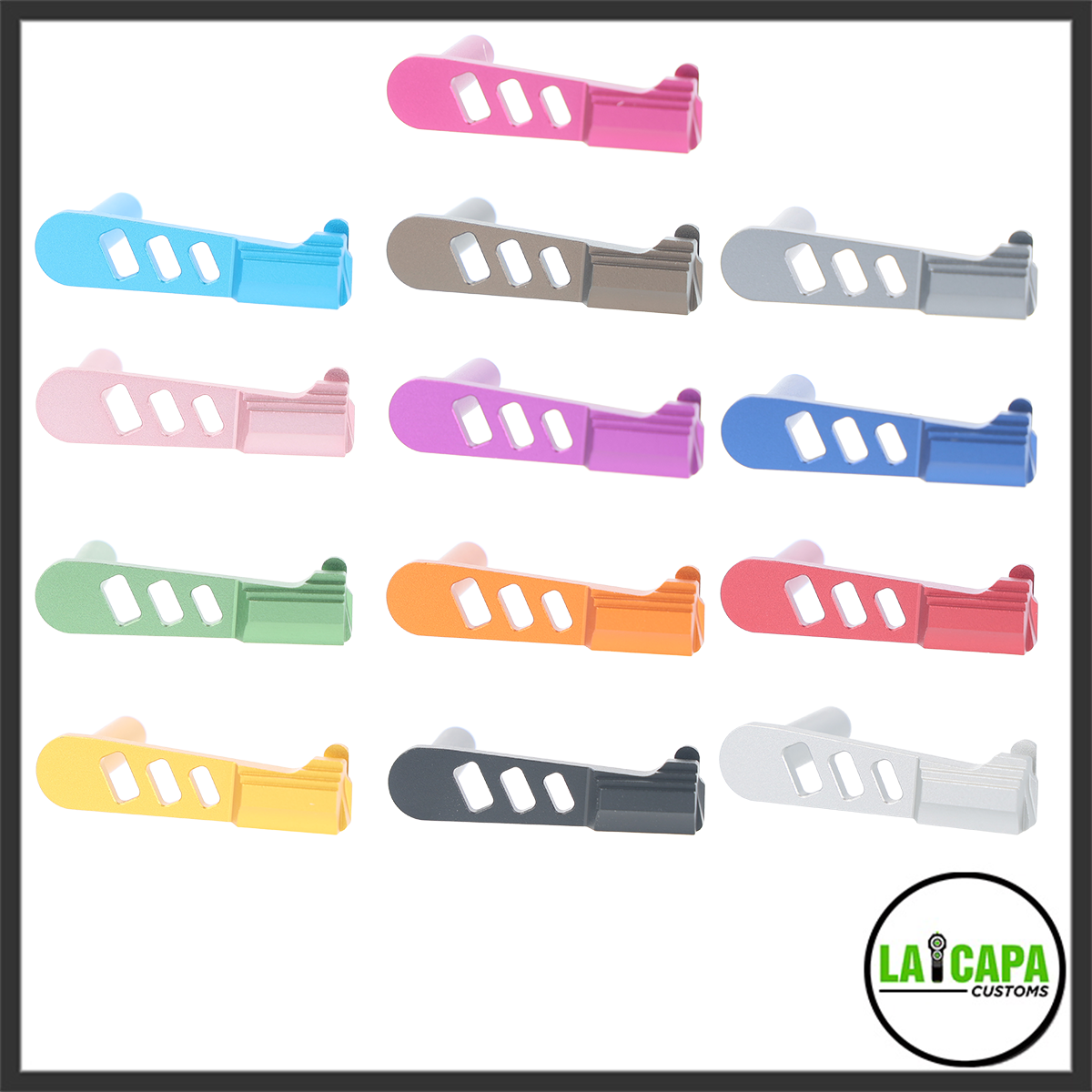 Airsoft Masterpiece DVC Open slide stop shown in all available colour variants, including pink, blue, tan, grey, pink, purple, blue, green, orange, red, yellow, dark grey, and white.