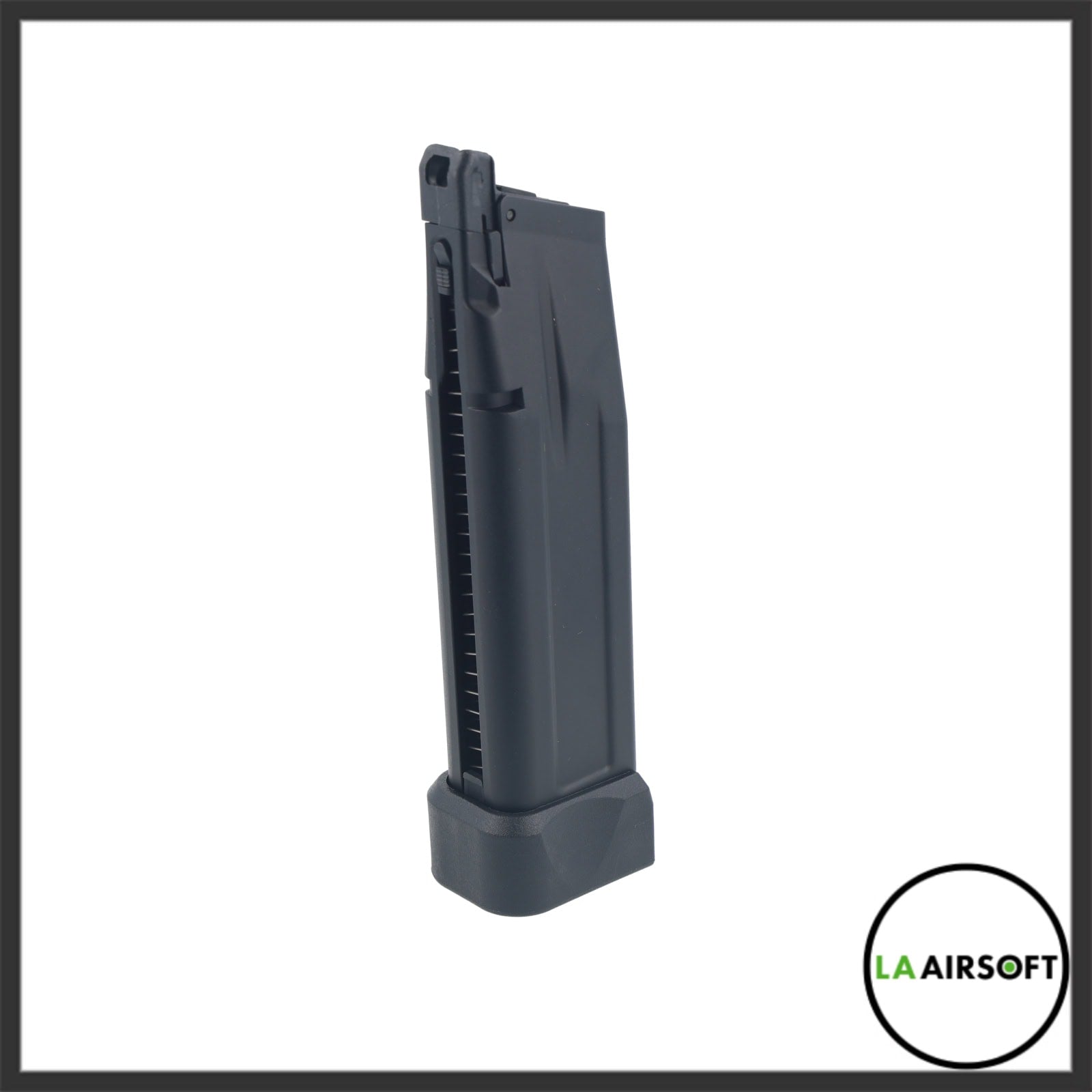 Black gas blowback Hi-Capa airsoft pistol magazine with extended base pad, shown from a slight angle.