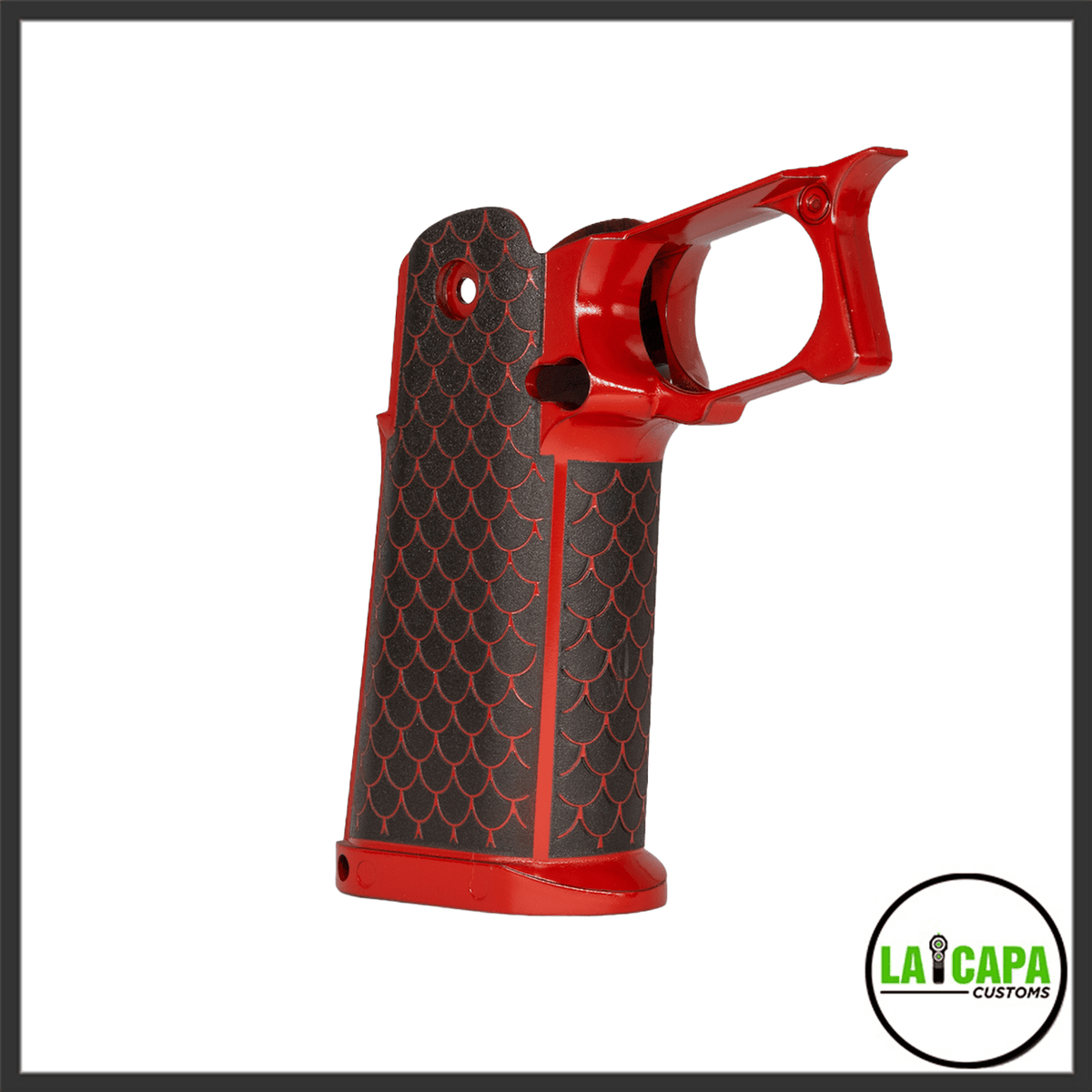 Hi-Capa grip frame in red with black dragon-scale stipple pattern covering the front and rear grip panels, angled front view.