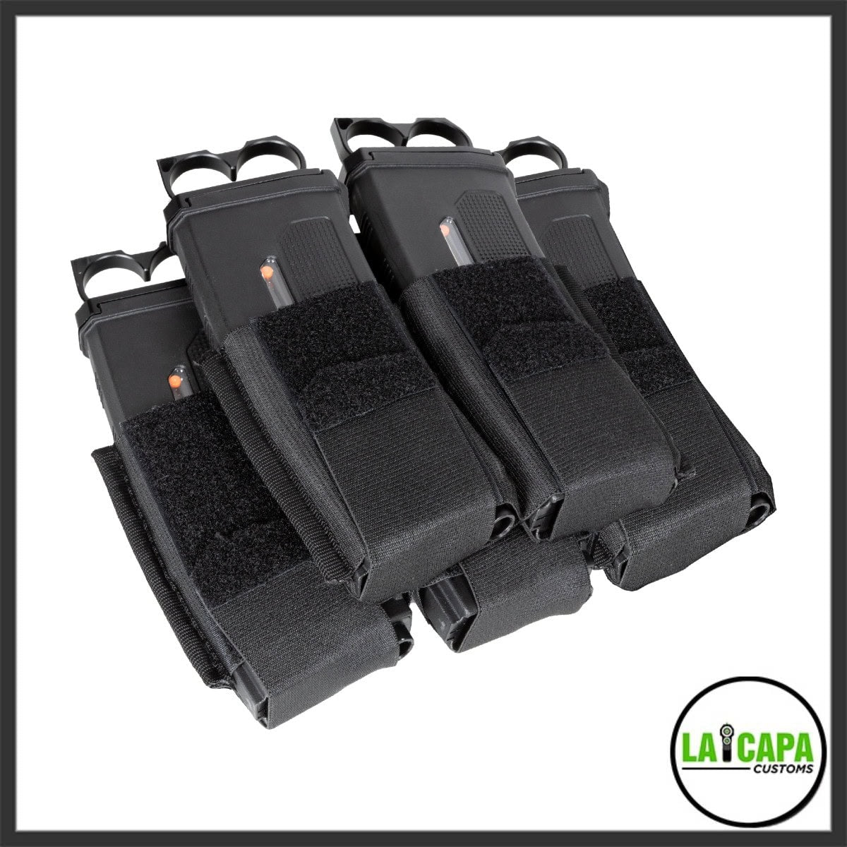 HK Army AR Mag Cell pouch in black loaded with four airsoft magazines, shown at an angle to display the velcro retention straps and pull tabs.