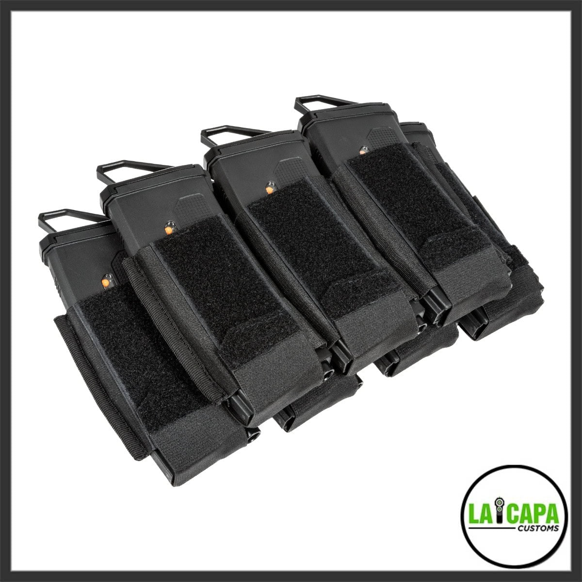 Three black HK Army AR Mag Cells loaded with airsoft magazines, shown side by side with hook-and-loop retention panels and quick-pull tabs.