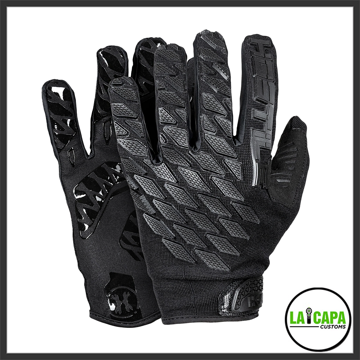 HK Army Hostile Armored Glove in Shadow black, showing the palm-side grip texture and finger protection panels.