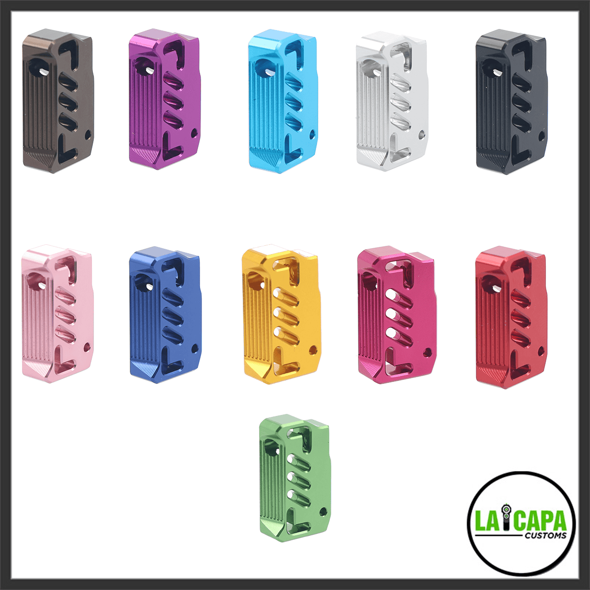 LA Capa Customs aluminum flat triggers displayed in eleven anodized colours including gunmetal, purple, blue, silver, black, pink, gold, hot pink, red, and green.