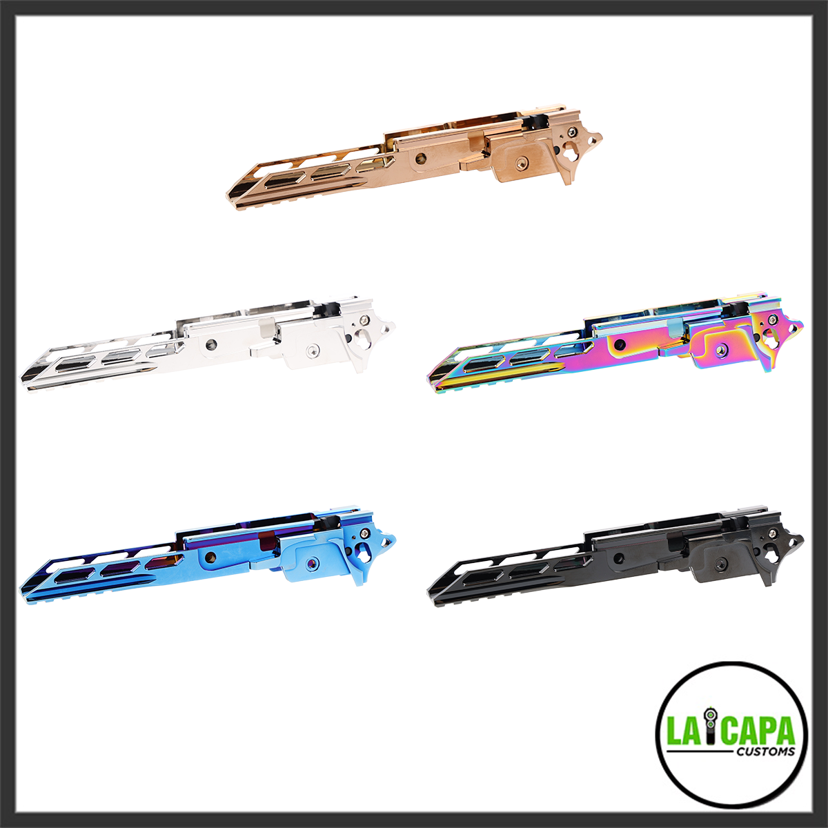 LA Capa Customs Aluminum V3 Competition Frame cutout version shown in five PVD colour variants: rose gold, silver, rainbow, blue, and black.