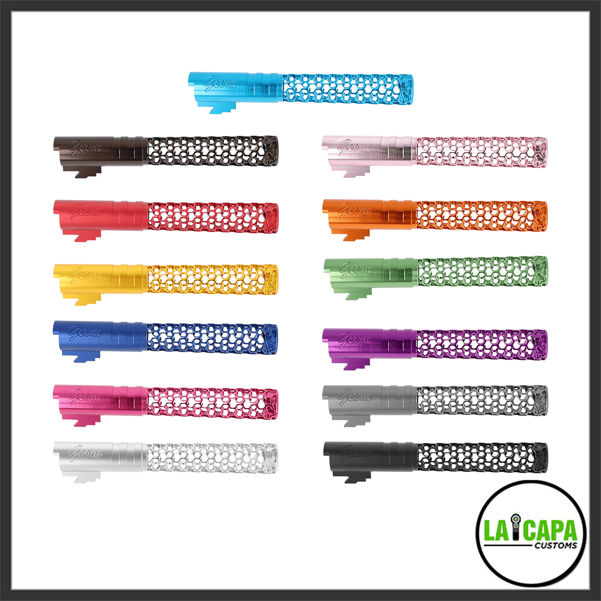 LA Capa Customs Geom Hi-Capa outer barrels shown in all available colours including cyan, brown, pink, red, orange, yellow, green, blue, purple, hot pink, grey, silver and black.