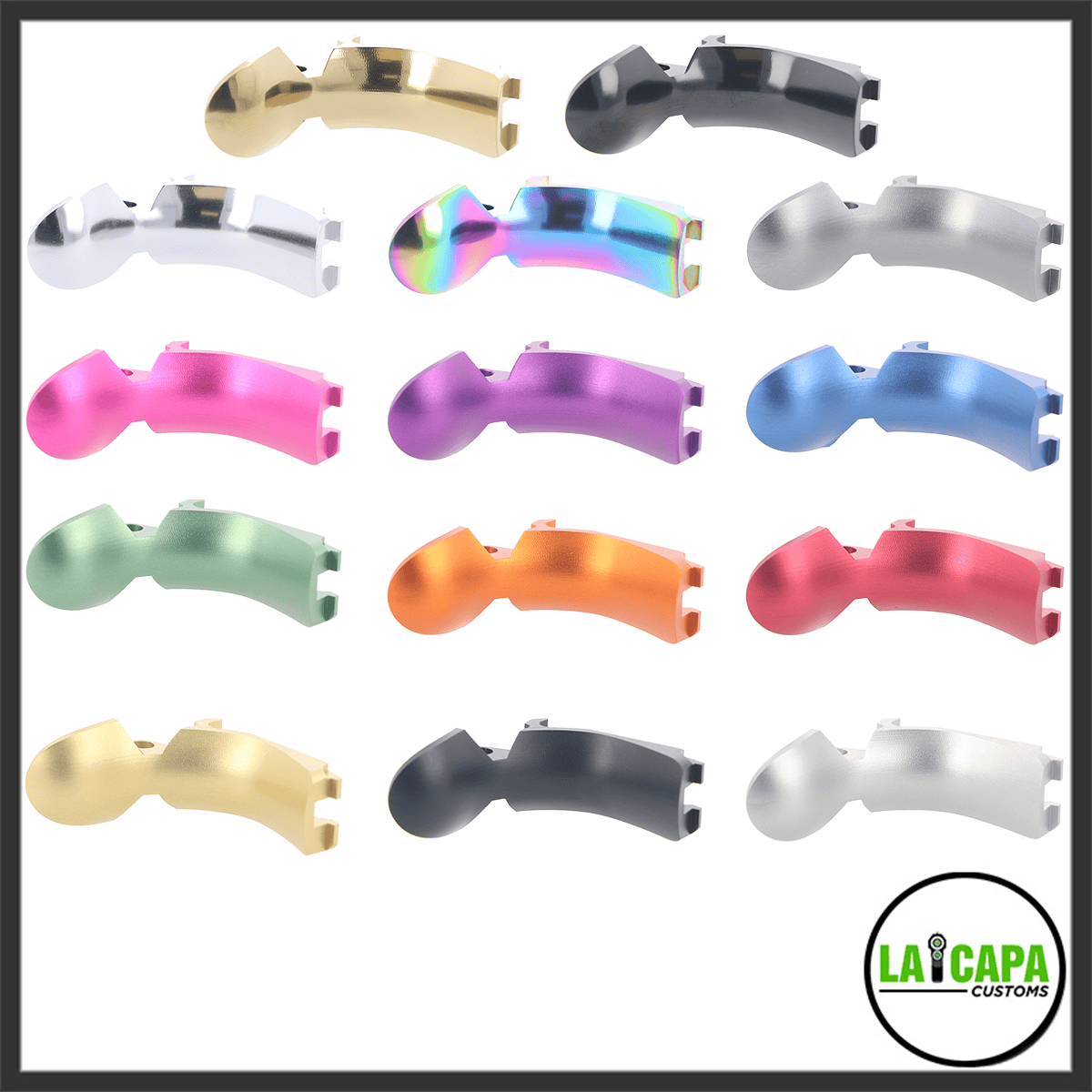 LA Capa Customs aluminum grip safety shown in fourteen color variants including gold, black, white, rainbow, silver, pink, purple, blue, green, orange, and red.