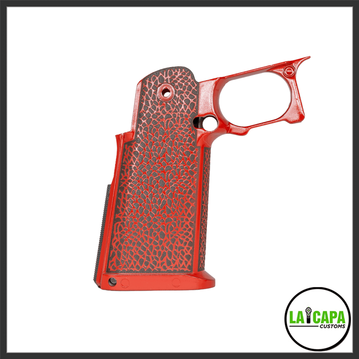 LA Capa Customs Hi-Capa pistol grip in red with a dark grey sea sponge stipple pattern, angled front view.