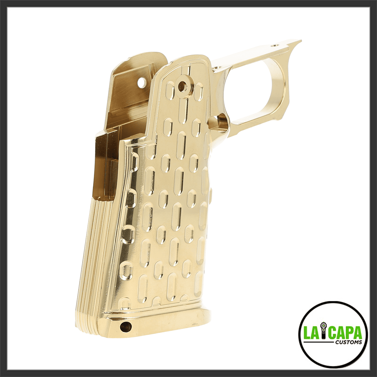 LA Capa Customs S1 Standard Aluminum Hi-Capa grip in gold chrome finish, angled view showing the oval-cutout lightening pattern on the front strap.