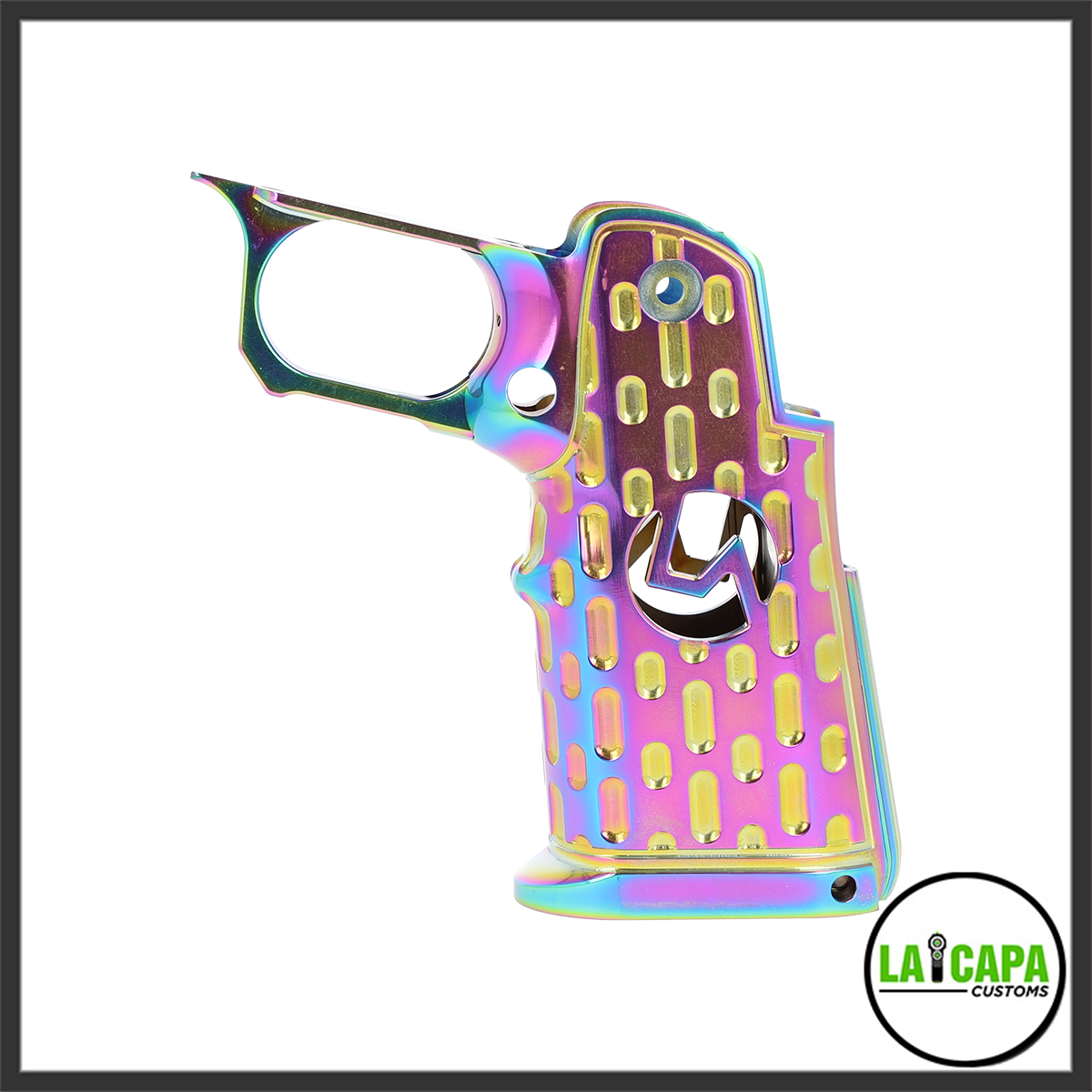 LA Capa Customs S2 LA Cutout aluminum Hi Capa grip in rainbow finish, showing the front and right side with oval cutout texture pattern and LA logo cutout.