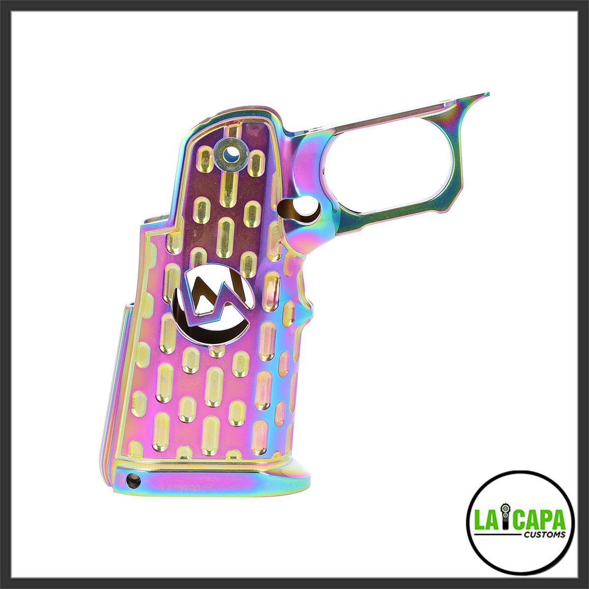 LA Capa Customs S2 LA Cutout aluminum Hi Capa grip in rainbow finish, showing the oval cutout pattern and LA logo from the left side.