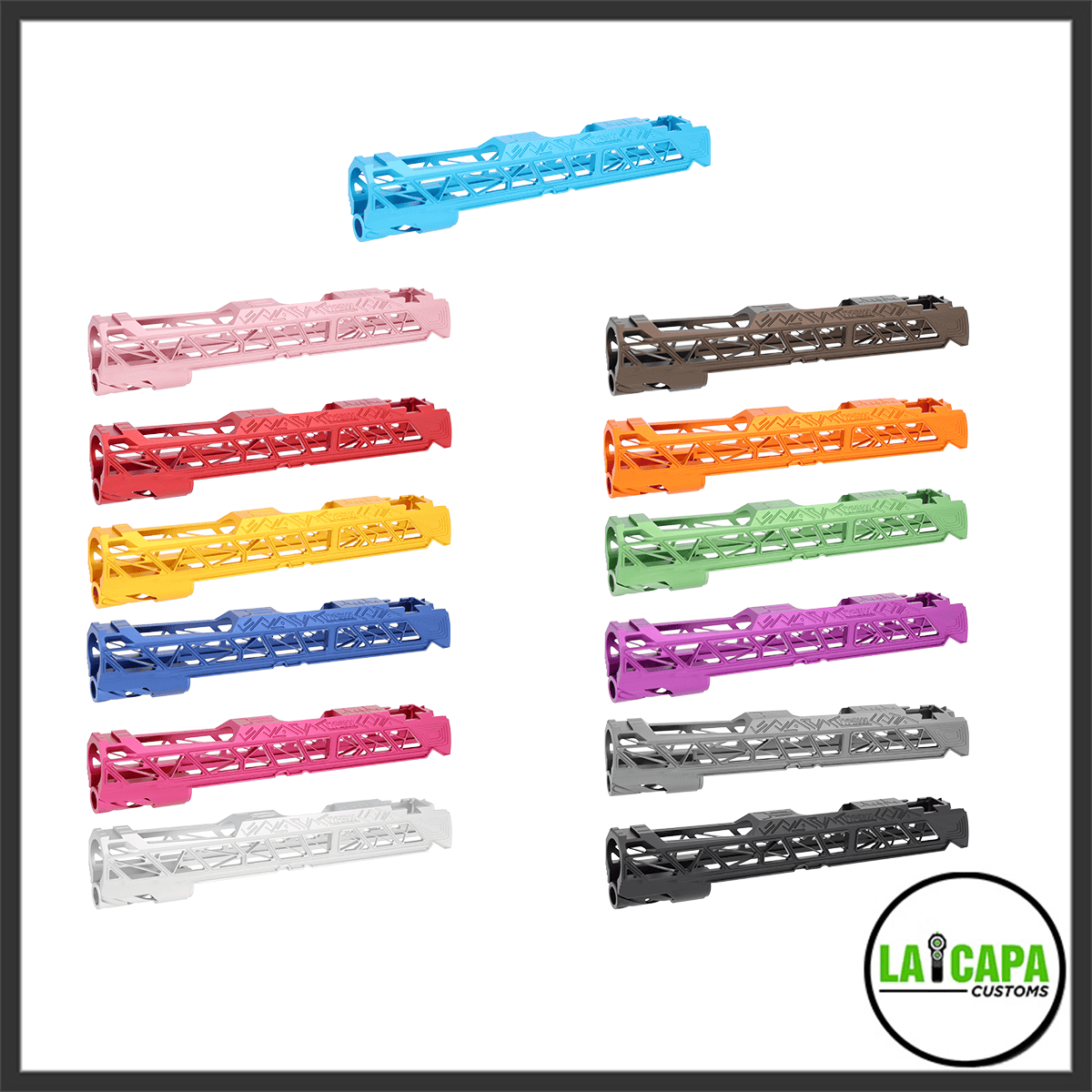 LA Capa Customs skeletonised pistol slides shown in all available colours, including blue, pink, red, yellow, blue, hot pink, white, dark earth, orange, green, purple, grey, and black.