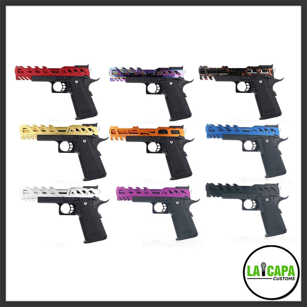 The Standard Hi-Capa pre-build shown in nine slide color options including red, rainbow, black-orange, gold, orange, blue, silver, purple, and all-black, each on a black frame.