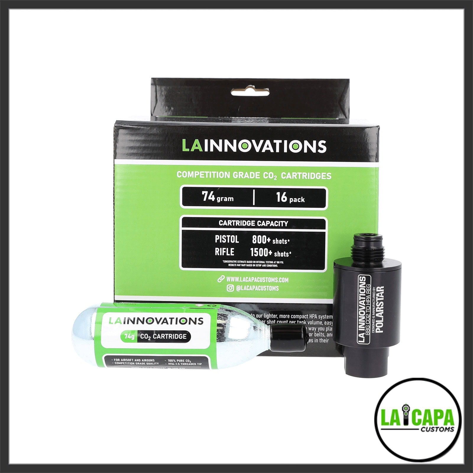 LA Innovations 74g CO2 cartridge bundle showing a 16-pack retail box, two individual 74g cartridges, and a black CO2-to-HPA regulator adapter made by Polarstar.