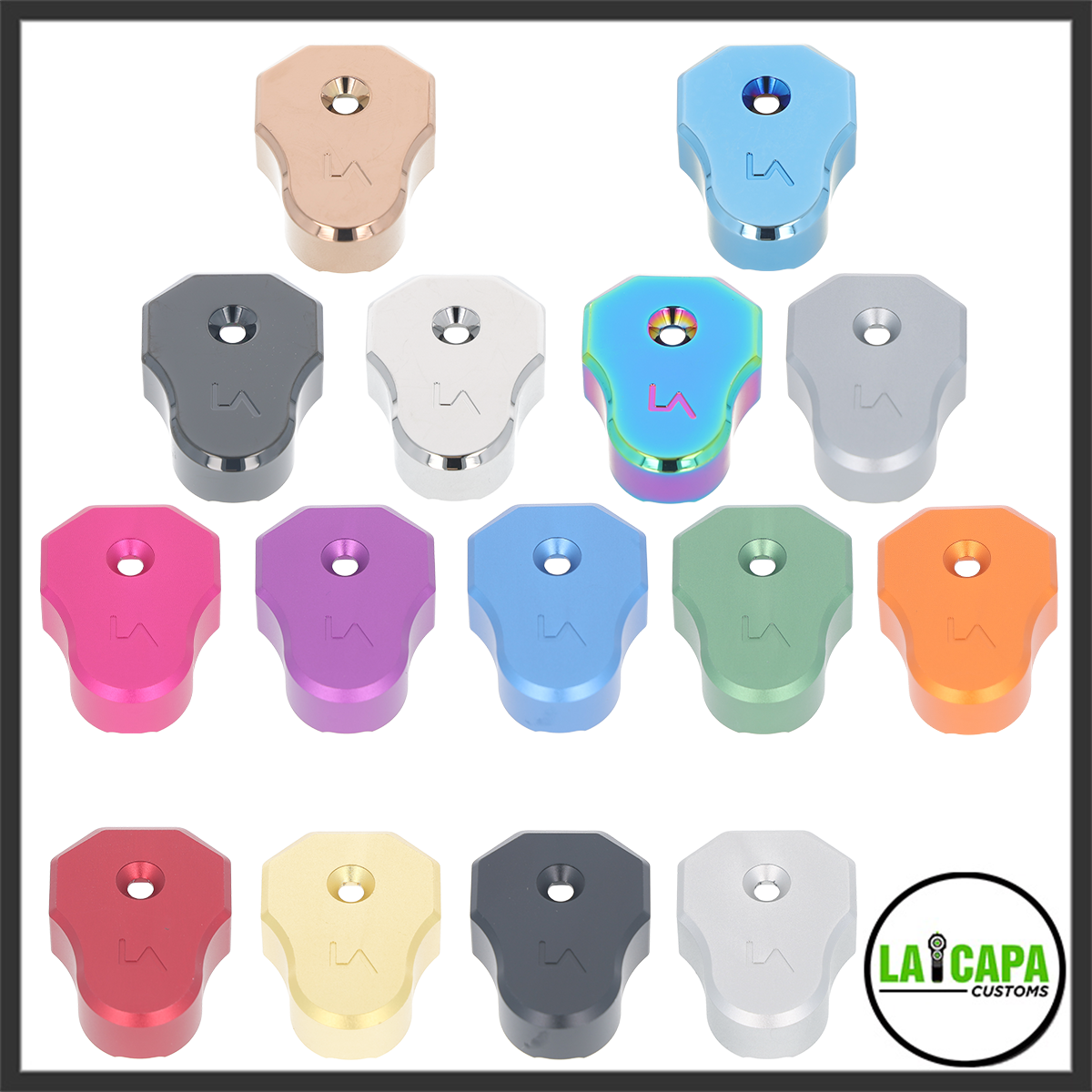 LA Innovations rifle end cap shown in fourteen anodized color variants including rose gold, blue, dark grey, white, rainbow, light grey, pink, purple, sky blue, green, orange, red, gold, and black.