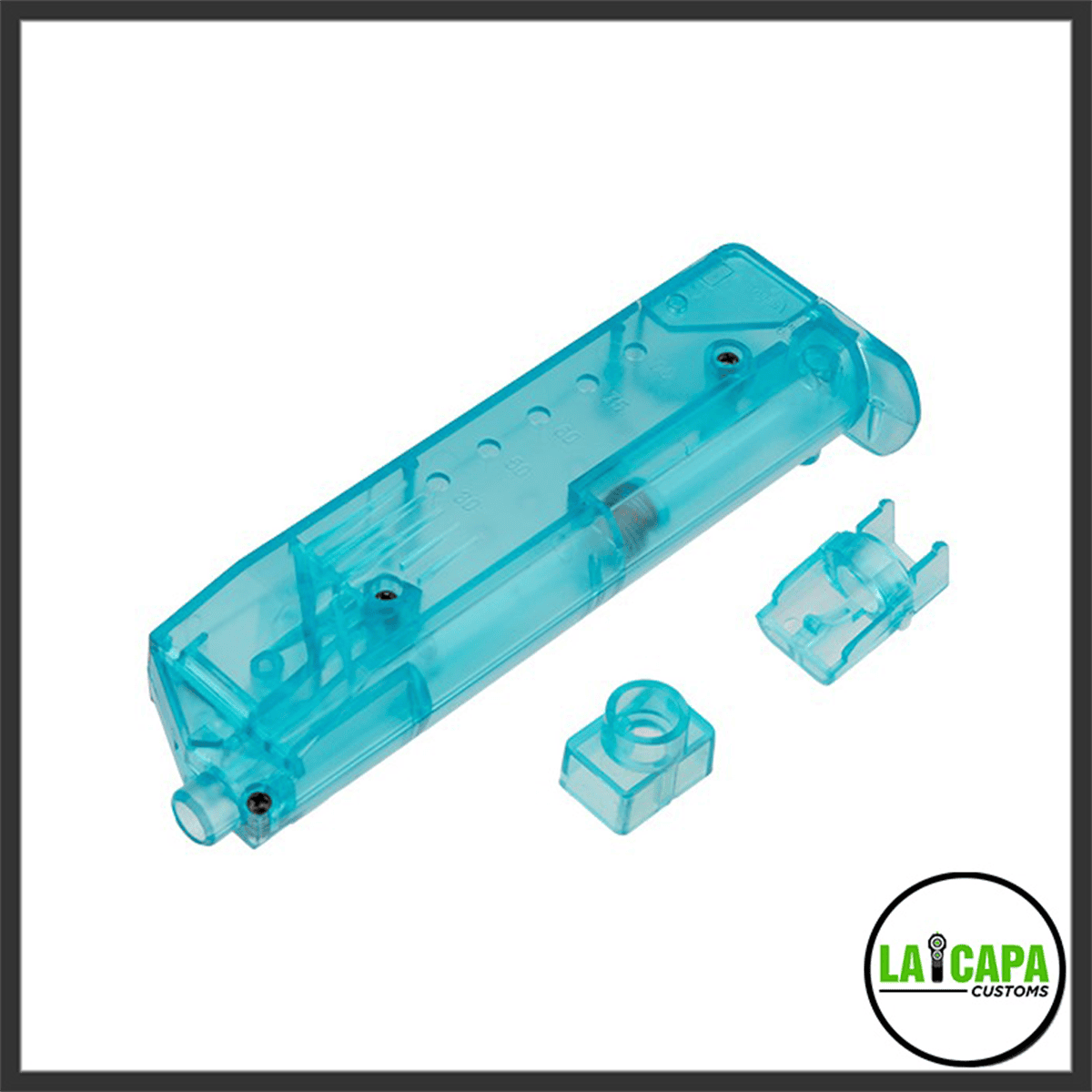 Lancer Tactical 80-round speed loader in transparent light blue, shown disassembled with the body, nozzle cap, and magazine adapter alongside.