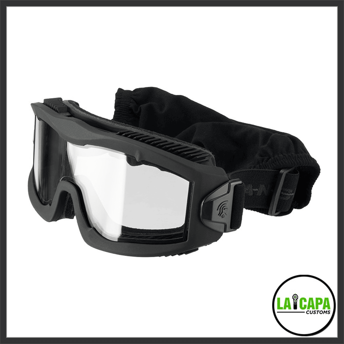 Lancer Tactical Aero Protective airsoft goggles in black, angled view showing the clear lens, vented frame, and adjustable elastic strap.