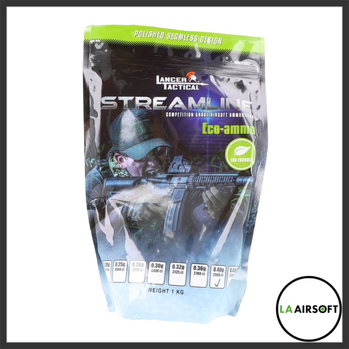 Lancer Tactical Streamline Eco-ammo biodegradable BB bag showing weight options from 0.20g to 0.43g, 1 kg resealable pouch, front view.