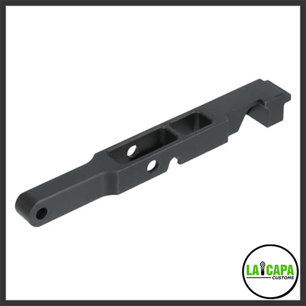 Laylax VSR hard first sear shown at an angle, revealing the machined body, cutouts, and engagement notch.
