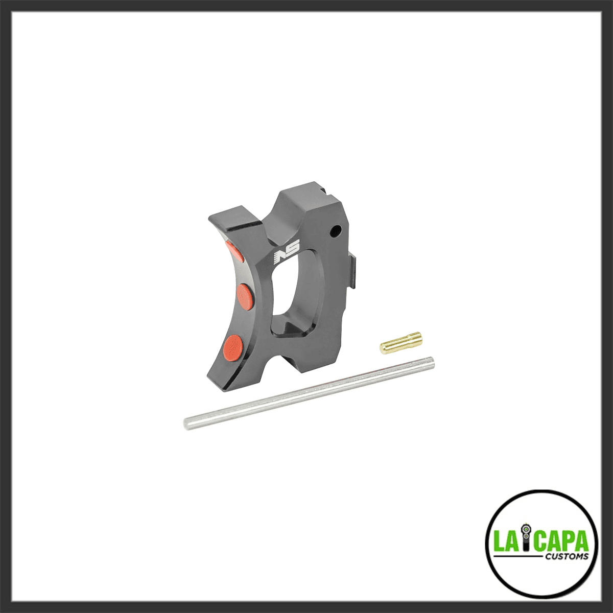 NexxSpeed CNC aluminum Style B speed trigger in titanium grey with orange accents, shown with the included pivot pin and spring.