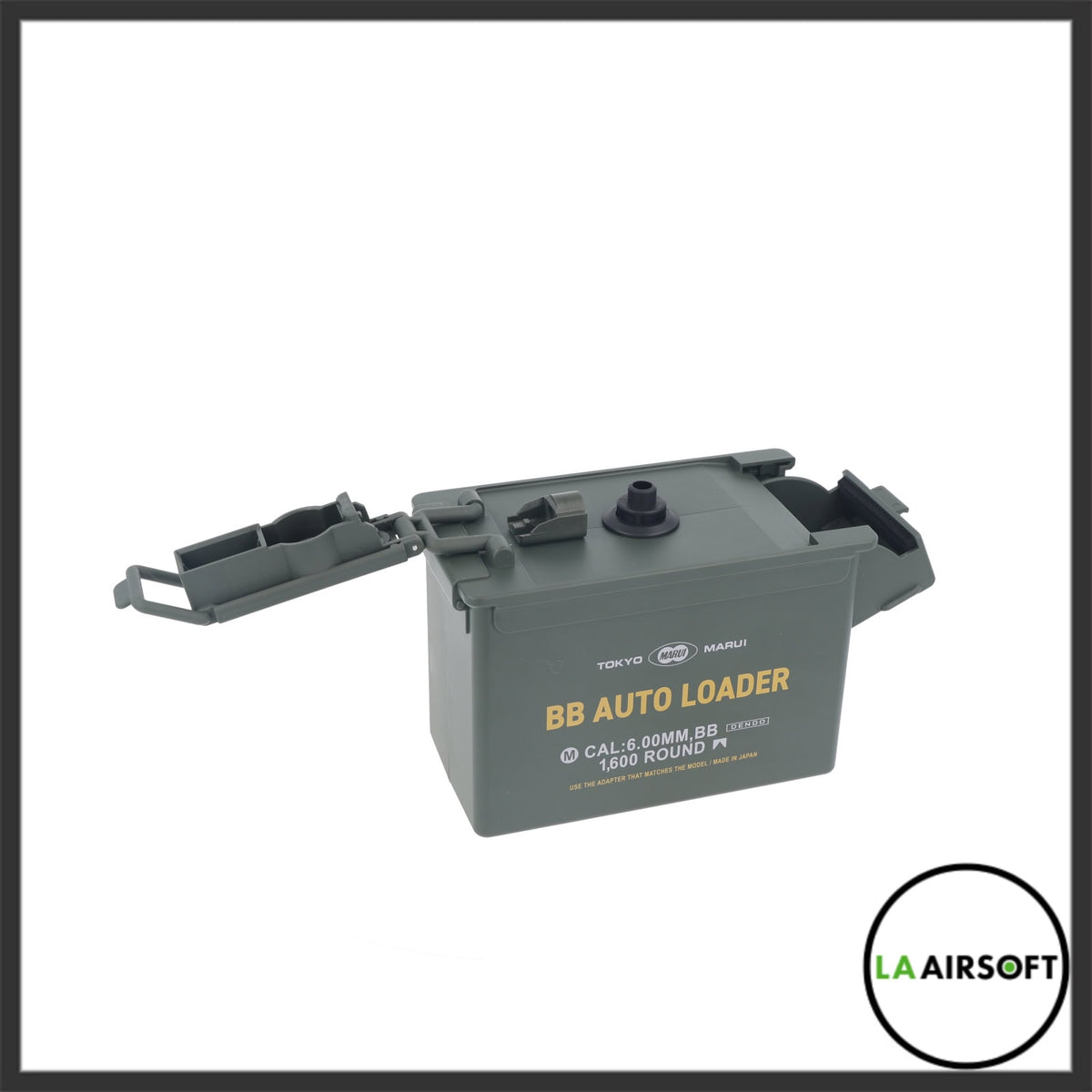 Tokyo Marui BB Auto Loader in olive green, styled as an ammo can, labeled 6.00mm cal and 1,600 round capacity, shown from the front-left angle with the feed arm extended.