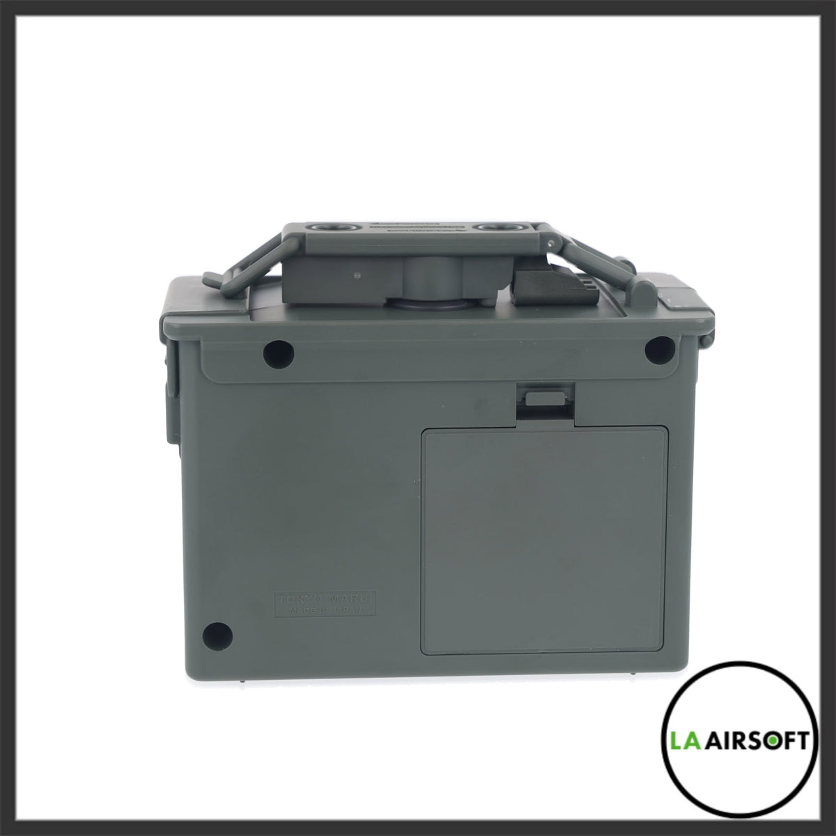 Side view of the Tokyo Marui BB Auto Loader showing the hinged battery compartment door on the back panel of the olive-green body.