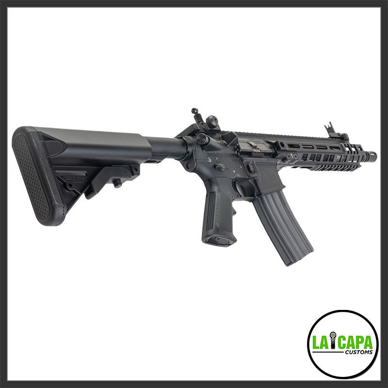 Tokyo Marui EVOLT RS FPR MK4 Recoil AEG shown from the right side, displaying the M-LOK handguard, folding sights, angled foregrip, and adjustable stock.