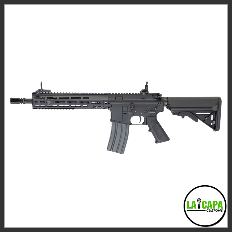 Tokyo Marui EVOLT RS FPR MK4 airsoft AEG rifle in black, full left-side profile view showing M-LOK handguard, adjustable stock, and magazine inserted.