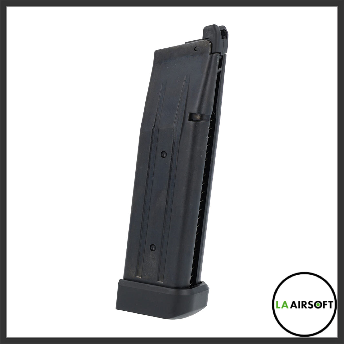 Tokyo Marui 31-round Hi-Capa black magazine, angled rear view showing the BB feed lips, spine ribbing and black base pad.