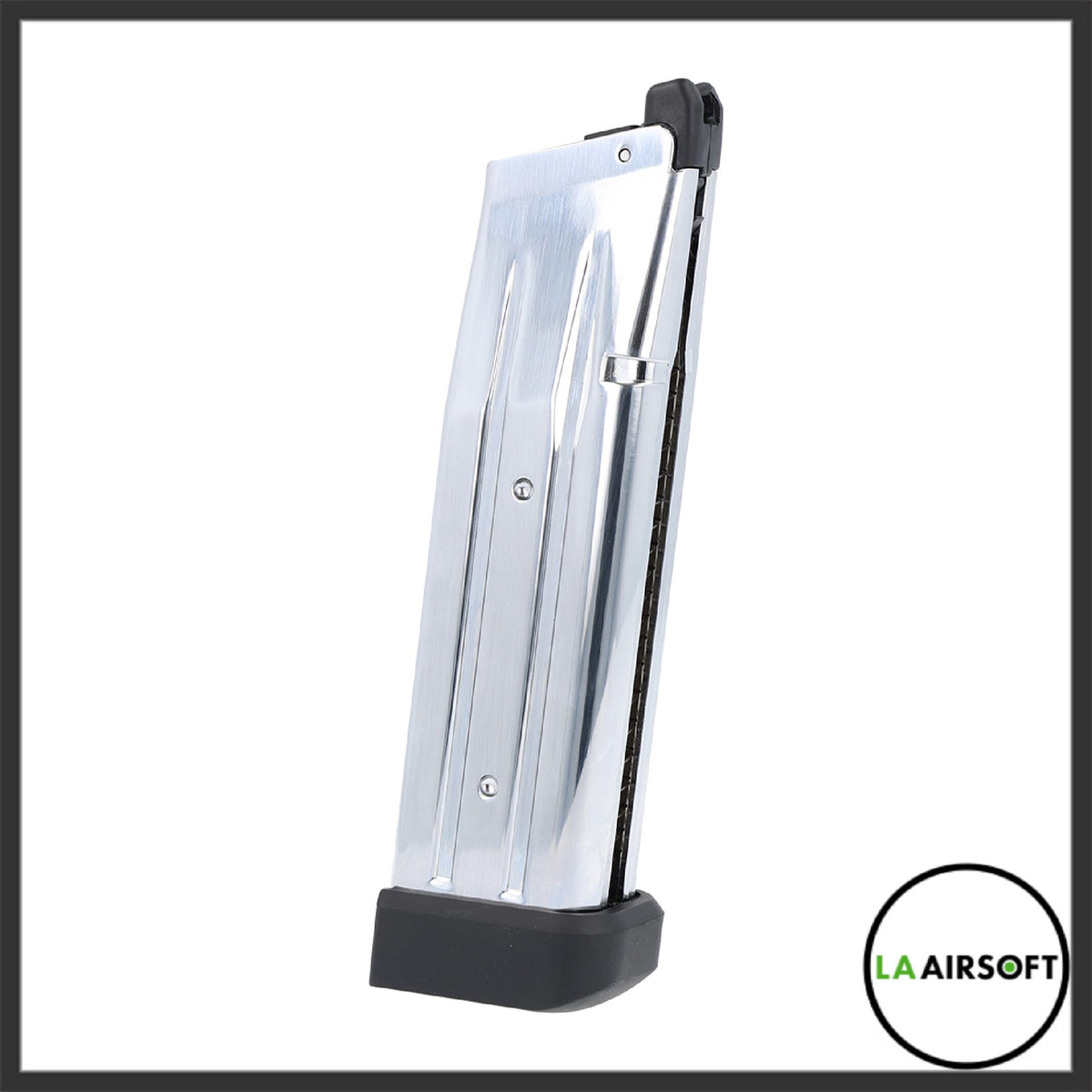 Tokyo Marui Hi-Capa 31-round stainless magazine standing upright, showing the polished silver body and black polymer base pad.
