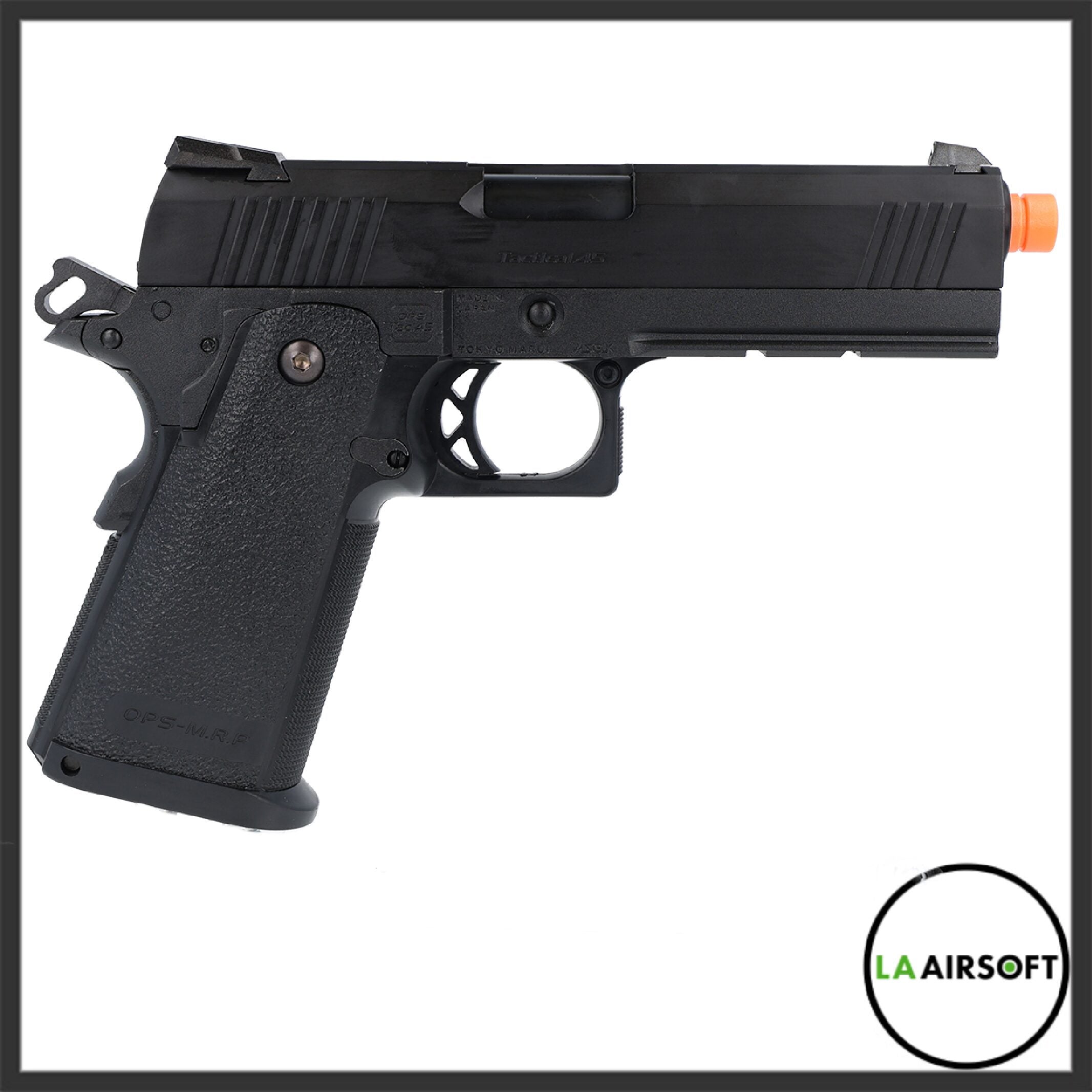 Tokyo Marui Hi-Capa 4.3 Tactical Custom black gas blowback airsoft pistol shown from the left side, with all-black finish, skeletonized trigger guard, and orange muzzle cap.