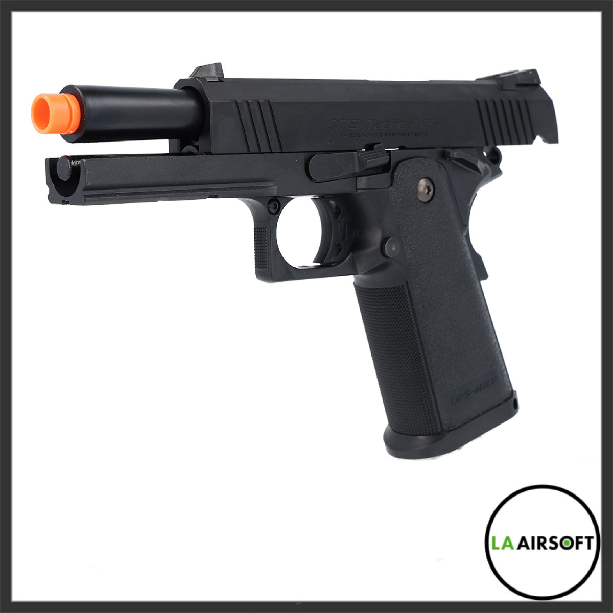 Tokyo Marui Hi-Capa 4.3 Tactical Custom black gas blowback airsoft pistol shown from the right side, displaying the textured grip and slide serrations.