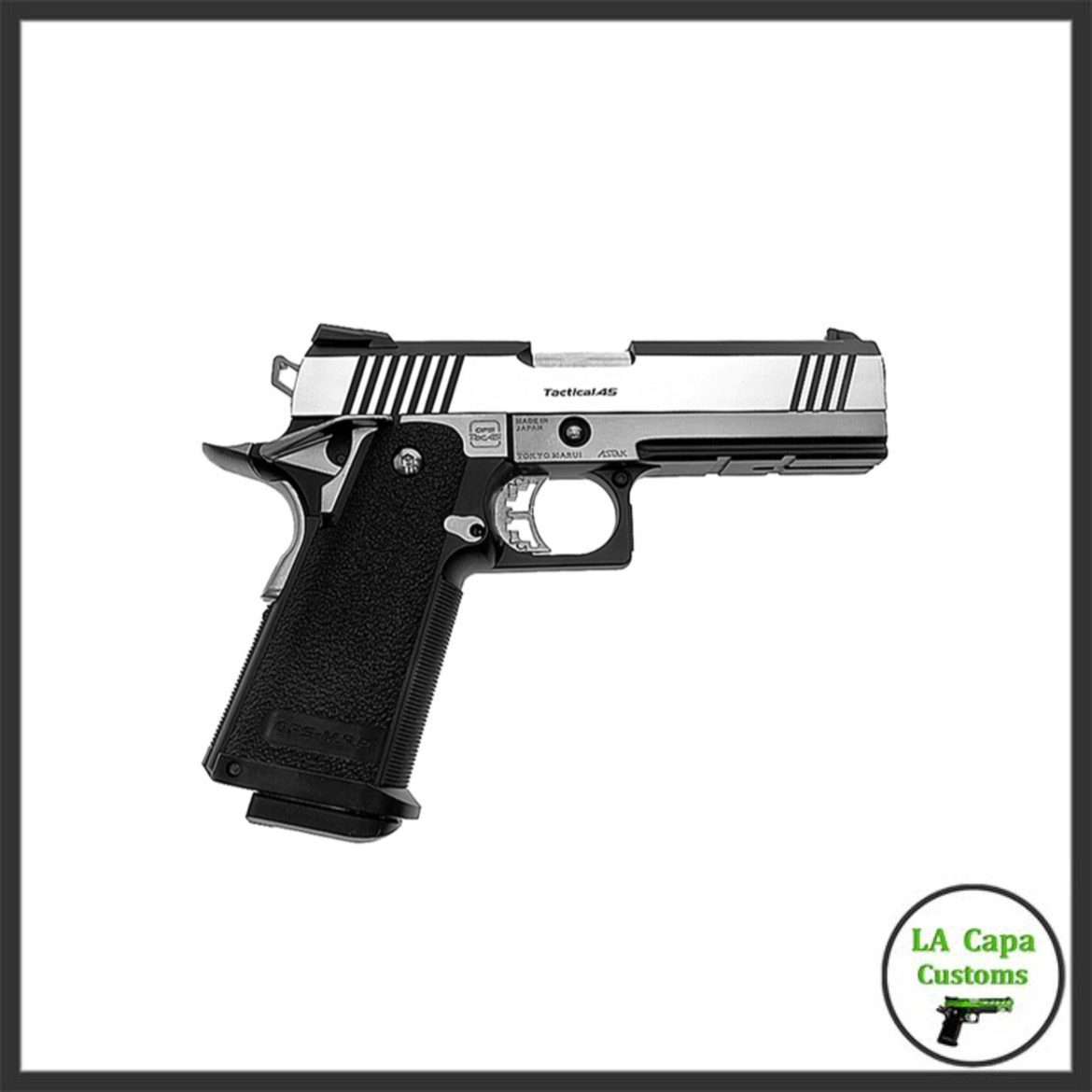 Tokyo Marui Hi-Capa 4.3 Dual Stainless airsoft pistol from the left side, showing the silver slide marked Tactical.45, Tokyo Marui markings, and black grip panel.
