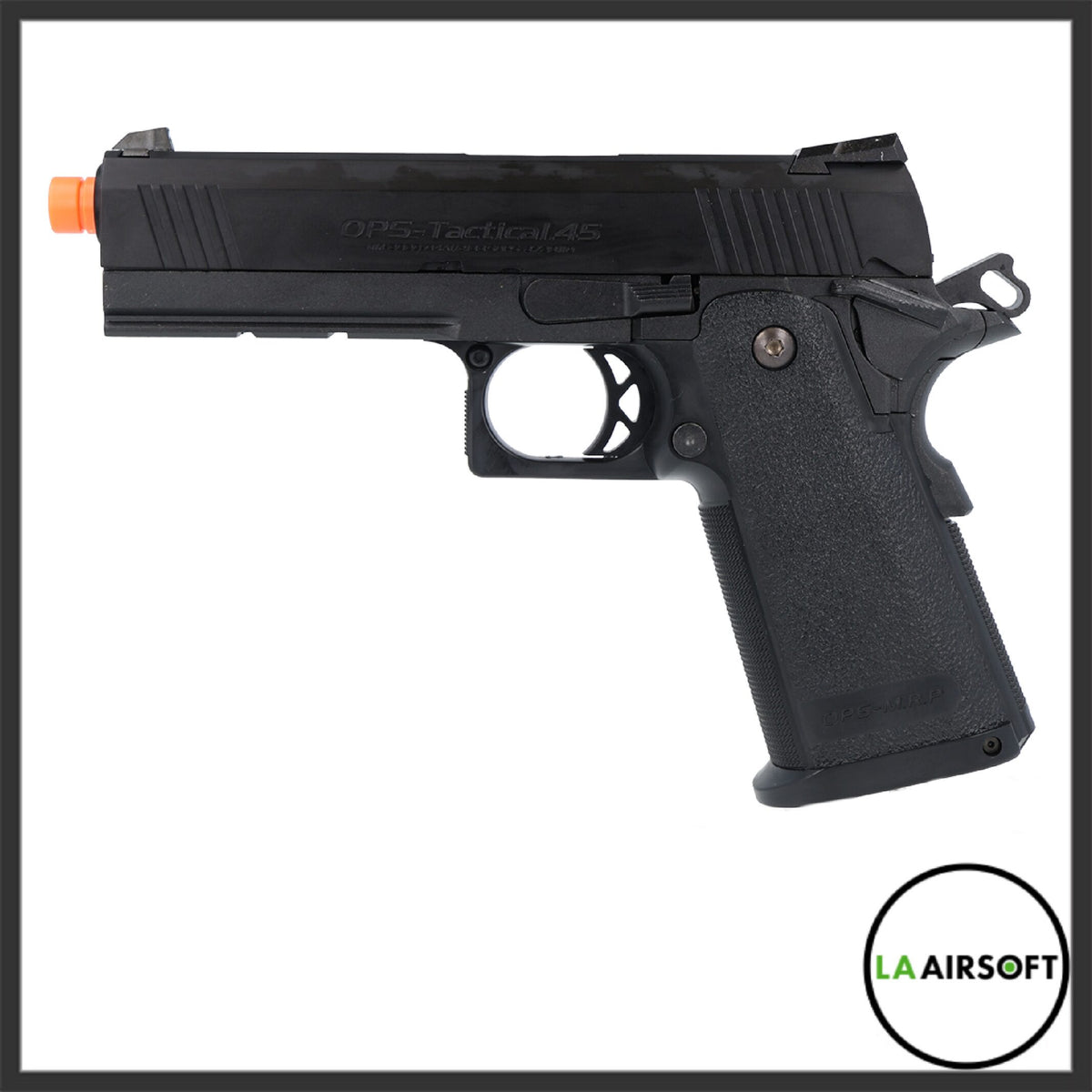 Tokyo Marui Hi-Capa 4.3 Tactical Custom black airsoft pistol shown in left-side profile, with OPS-Tactical 45 slide markings and orange muzzle cap visible.