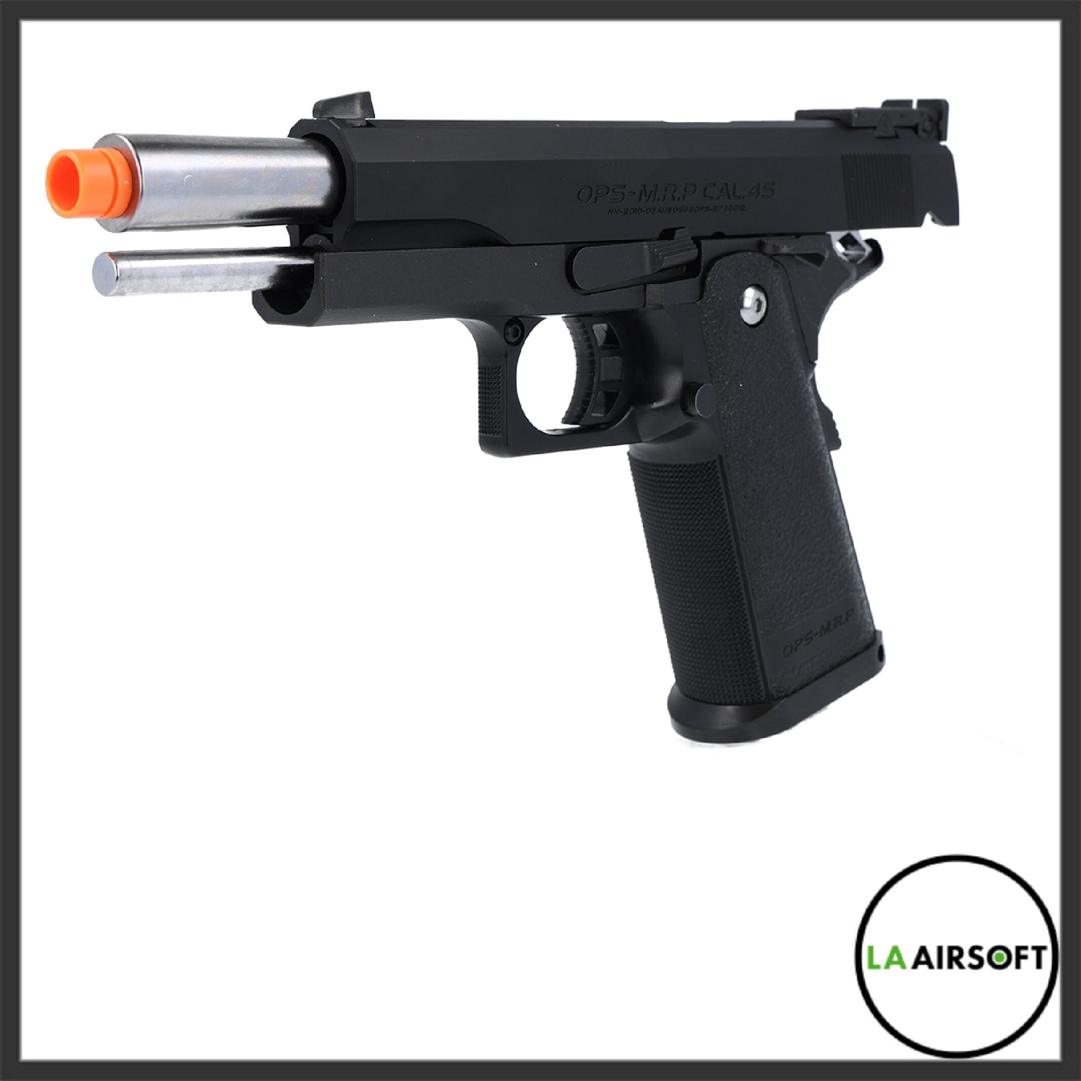 Tokyo Marui Hi-Capa 5.1 black airsoft pistol shown from the left side with the compensator and dual barrel visible.