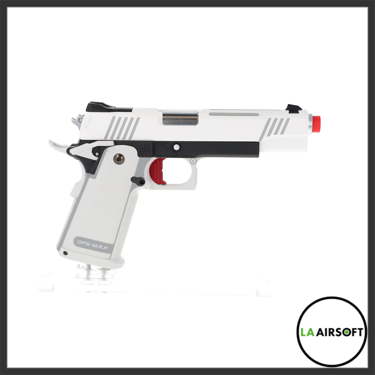 Tokyo Marui Hi Capa 5.1 D.O.R. White pistol in a flat left-side profile view, showing the full white slide, red trigger, black frame, and OPS-M.R.P. grip.