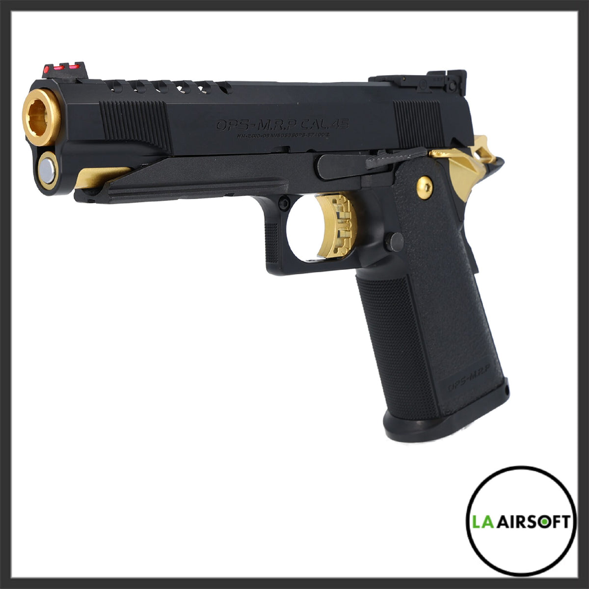 Tokyo Marui Hi-Capa 5.1 Gold Match airsoft pistol shown from the left side, with gold muzzle, trigger, and hammer contrasting against the black slide and frame.