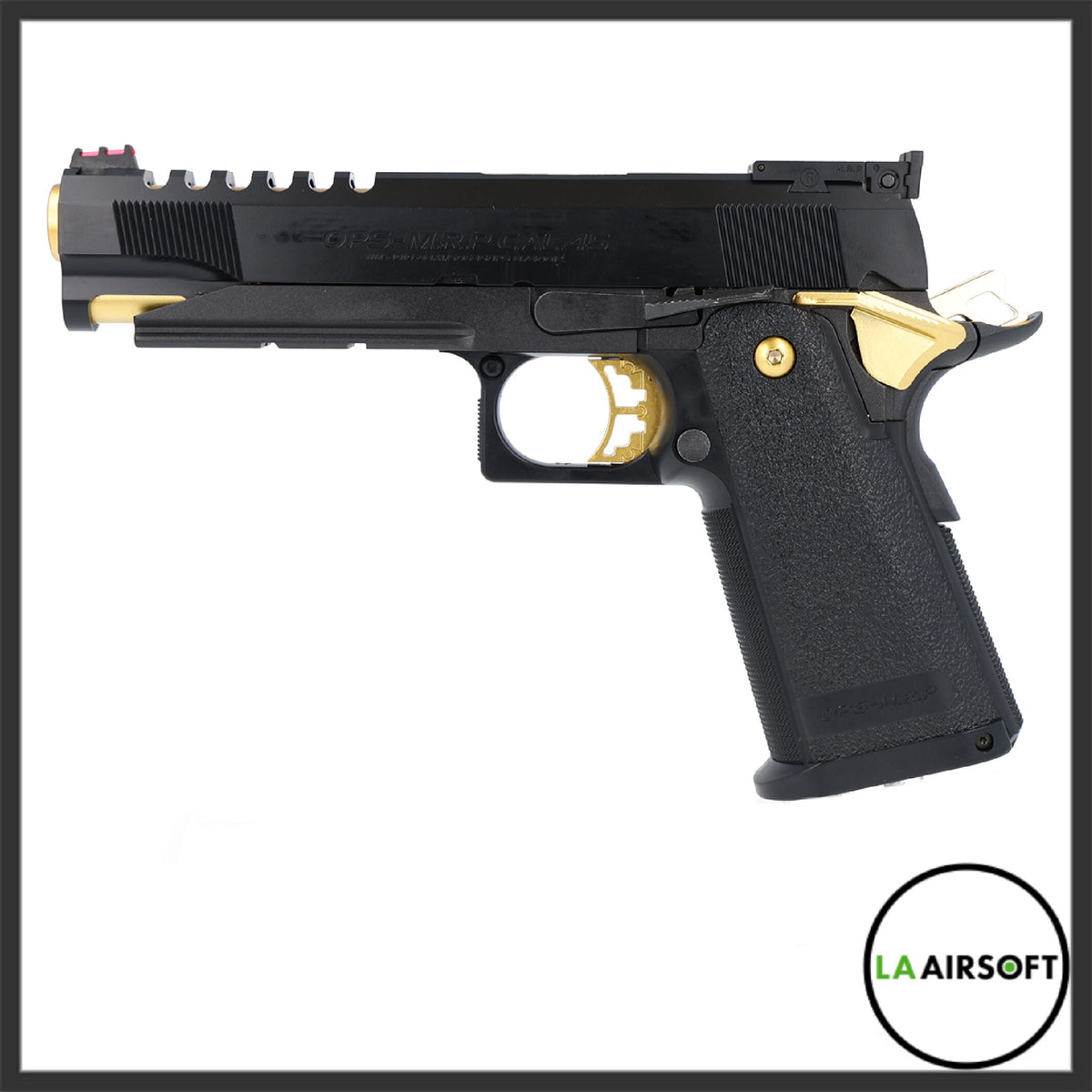 Tokyo Marui Hi-Capa 5.1 Gold Match airsoft pistol in black with gold trigger group, magwell, and beavertail, left-side view.
