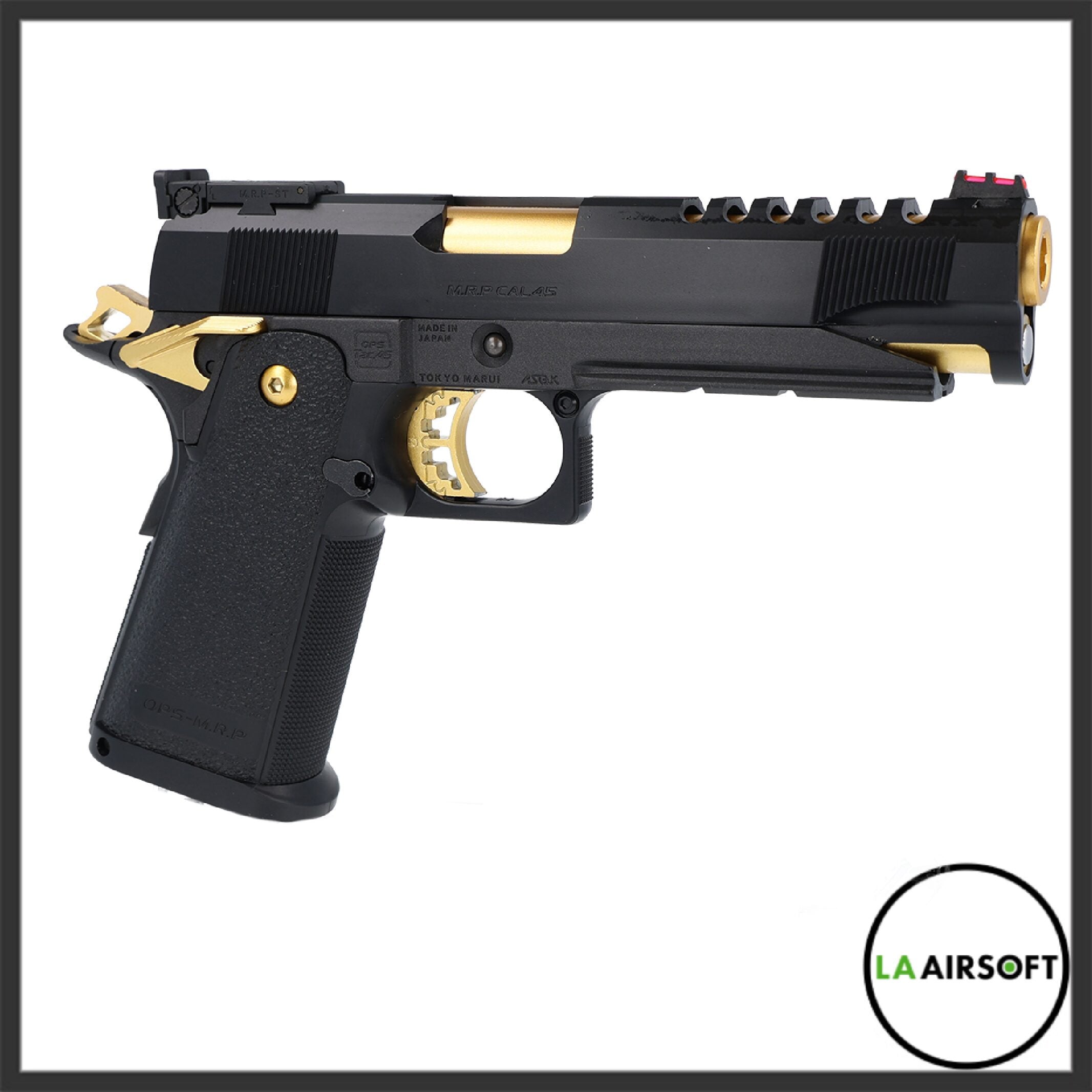 Tokyo Marui Hi-Capa 5.1 Gold Match airsoft pistol showing the right side, with gold barrel insert, gold trigger group, ported slide top, and red fibre-optic front sight.
