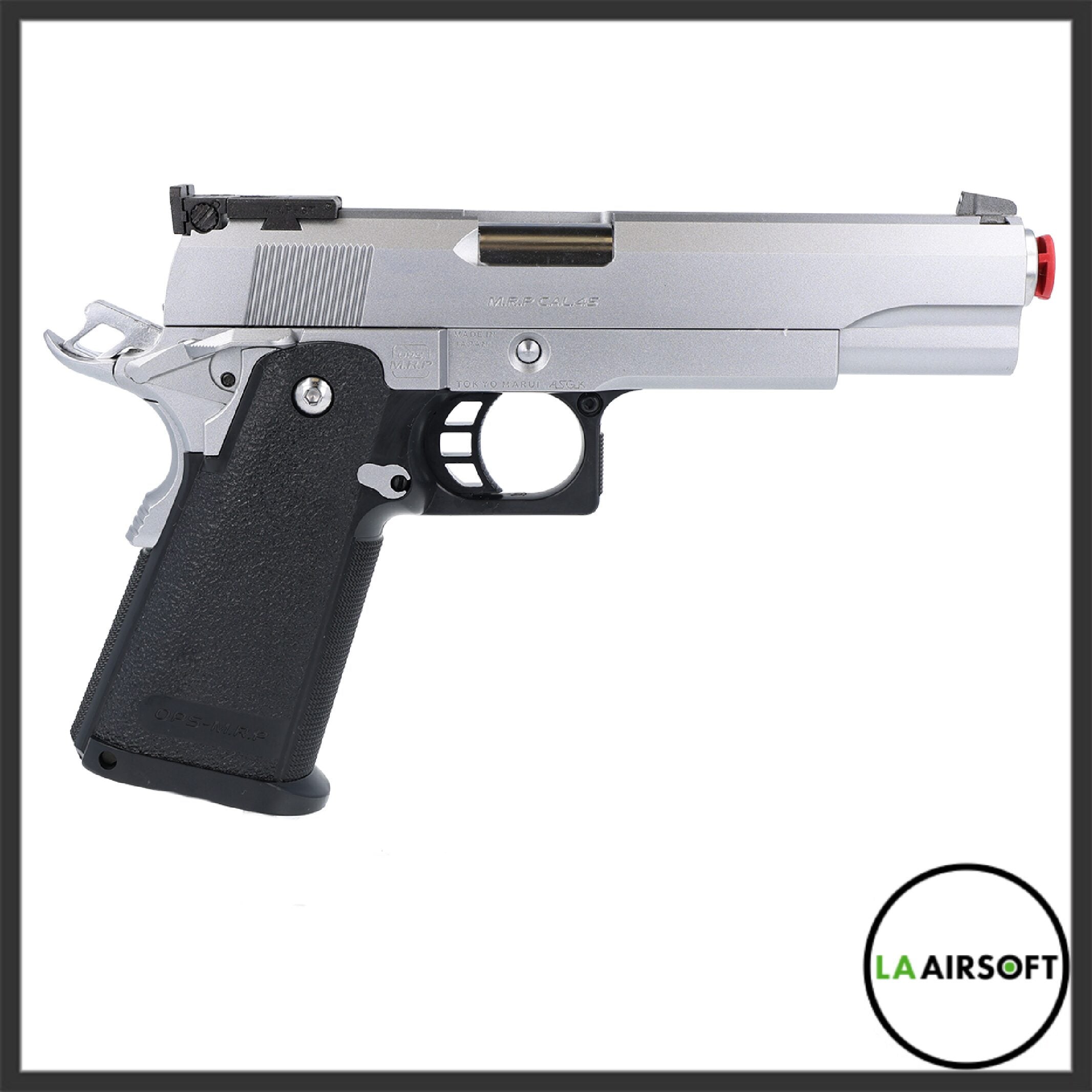 Tokyo Marui Hi-Capa 5.1 Stainless gas blowback airsoft pistol shown from the left side, with silver slide, black grip, skeletonized trigger guard, and red muzzle cap.