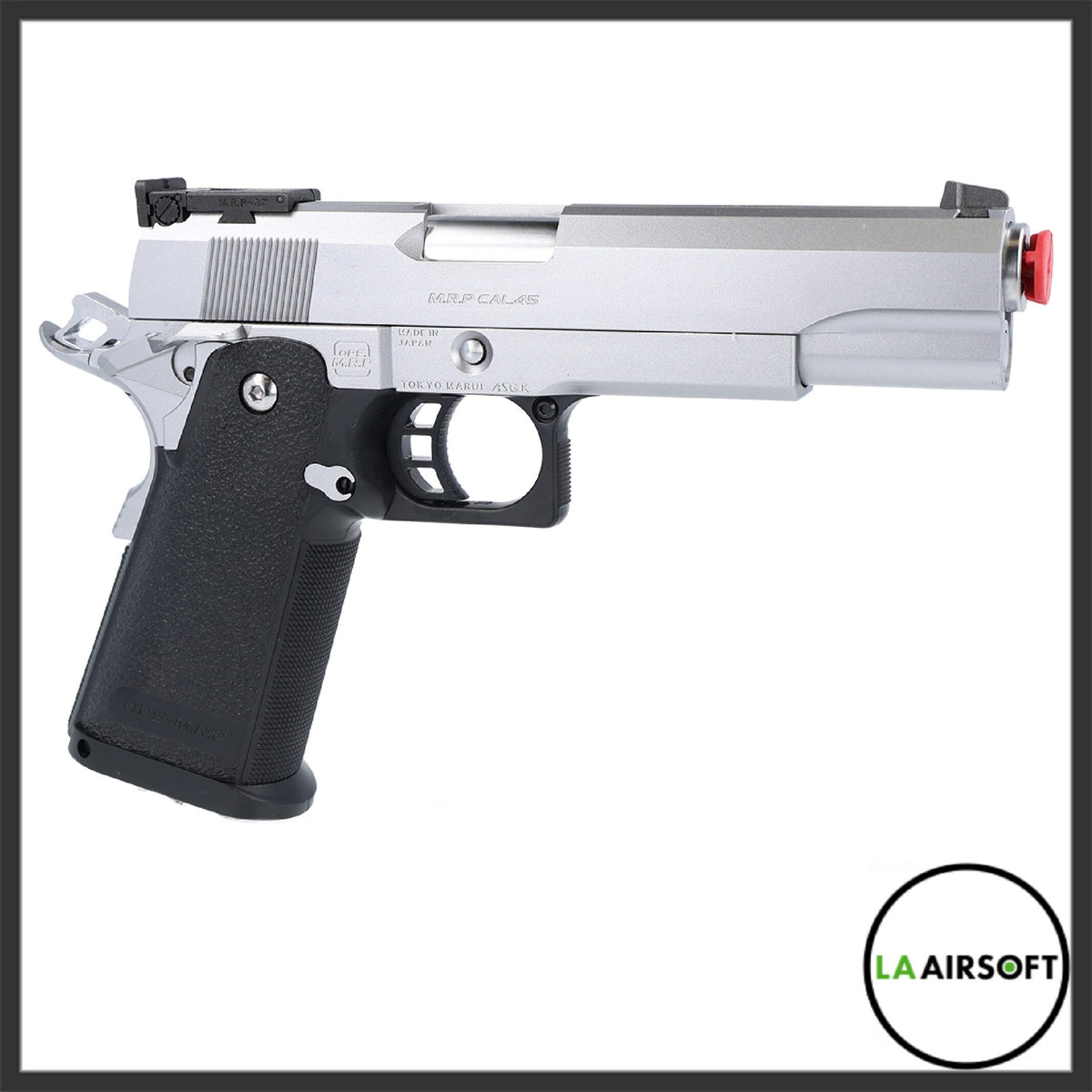 Tokyo Marui Hi-Capa 5.1 Stainless gas blowback airsoft pistol, left-side view showing silver slide with black grip frame and red muzzle cap.
