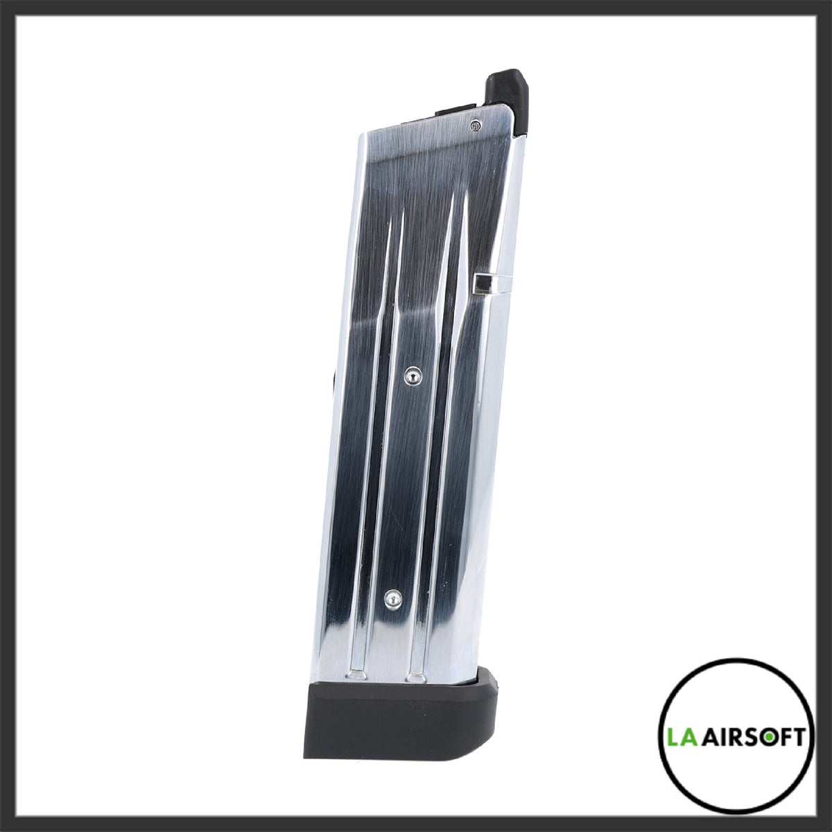 Tokyo Marui Hi-Capa 45 Extreme airsoft pistol magazine in silver, standing upright showing the brushed face and extended base pad.