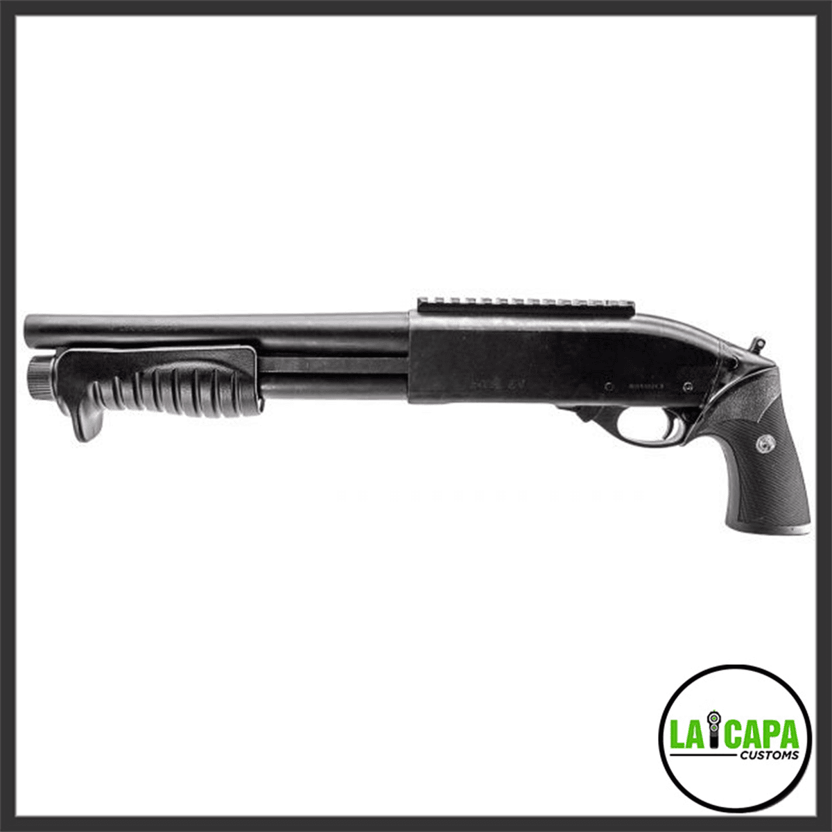 Tokyo Marui M870 Breacher gas airsoft shotgun in full left-side profile without the muzzle cap fitted, showing the pistol grip and pump forend.